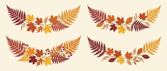 Fototapeta premium Set of four autumn harvest wreath dividers featuring intricate maple leaves ferns and berries in warm fall tones for seasonal Thanksgiving or harvest festival invitation card header designs