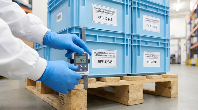 Professional technician adjusting a digital data logger for smart cold chain pharmaceutical logistics on temperature sensitive medical crates in a warehouse.