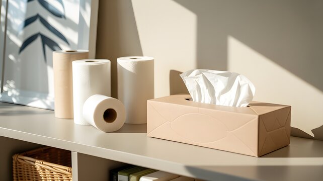 Various paper products like facial tissues and toilet paper rolls arranged on a modern shelf