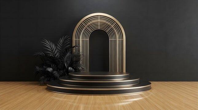 3d rendering of a luxury black and gold circular podium with an arched decorative frame and tropical plant, perfect for product display and elegant presentations