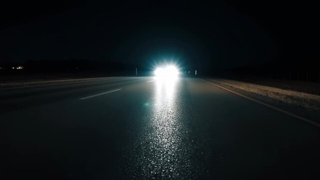 Oncoming car approaches and passes along a dark rural road at night. Road safety campaigns, automotive advertising, and transportation presentations.