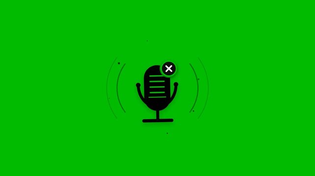 Black podcast day audio microphone icon pulsing radiating sound waves with mute cross mark in seamless 2D motion graphics animation on chroma key green screen