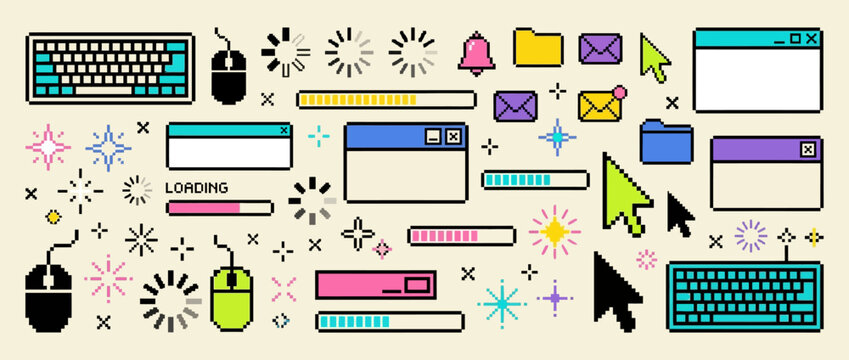 Set of pixel art computer interface elements including loading bars mouse cursors window frames and notification icons for retro game design and digital web graphics isolated on light background