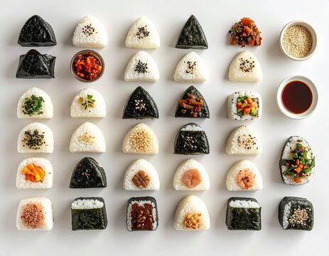 Assorted onigiri flavors flat lay, symmetrical composition, no people