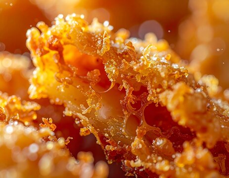 Close-up karaage crunch texture, juicy interior with golden crust detail, macro photography, no people