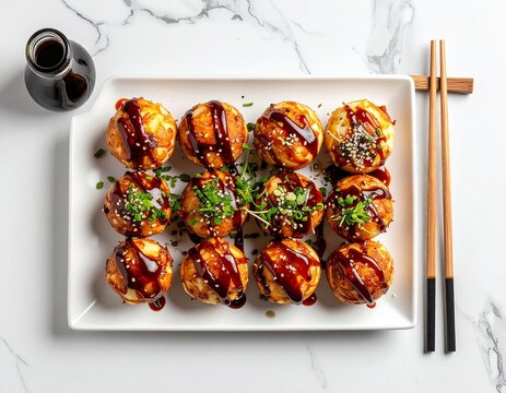 Flat lay takoyaki arrangement, symmetrical composition with sauce bottles and chopsticks, no people