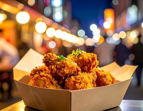 Japanese karaage street style, crispy fried chicken pieces in paper tray, warm night market lighting, no people