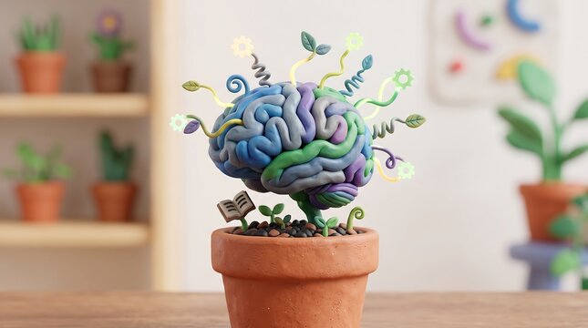 3D Clay Brain Growing in Plant Pot Artificial Intelligence Concept
