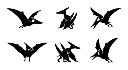 Pterodactyl Silhouettes, Flying Dinosaurs Set, Prehistoric Reptile Vector Icons © Diganto