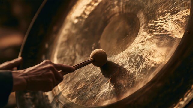 Close-up of a hand striking a large golden gong with a mallet. Person playing a traditional hammered metal percussion instrument. Sound therapy and meditation concept