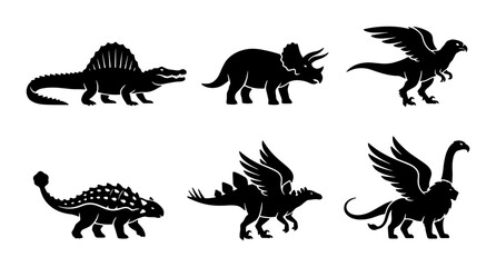 Dinosaur Icons Set, Mythical Creatures Collection, Prehistoric Animals Vector Graphics, Ancient Beasts Silhouettes © Diganto