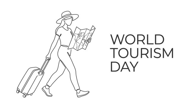 Minimalist line art illustration of female traveler walking with suitcase and map for World tourism day concept isolated on white background for travel agency marketing and social media promotion