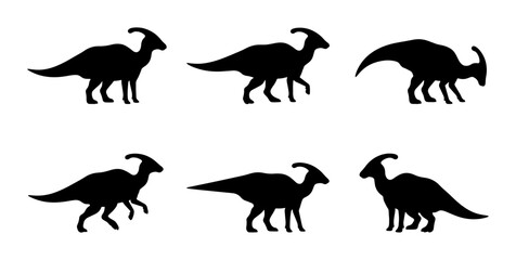 Obraz premium Parasaurolophus Dinosaur Silhouettes, Prehistoric Reptile Icons, Ancient Creature Vector Set