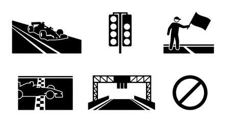 Fototapeta premium Racing Icons Set: Cars, Finish Line, Traffic Lights, Flag, Stop Sign, Vector Graphics