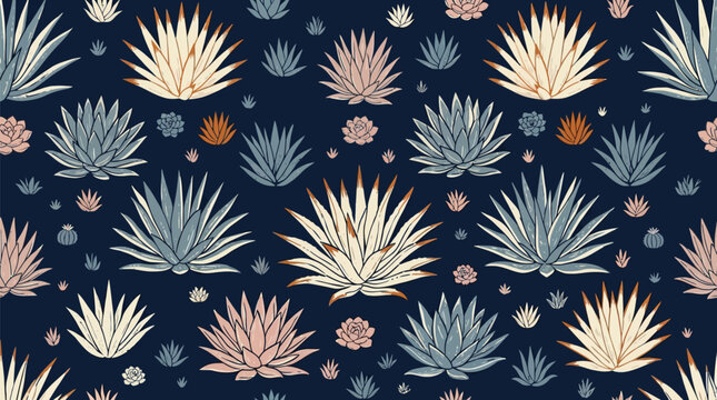 Seamless pattern with agave plants and succulents in muted boho earth tones on dark blue background for fabric textile stationery and home decor graphic design illustration projects
