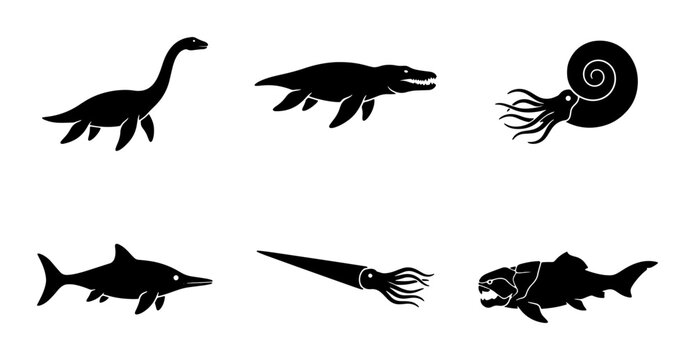 Prehistoric Marine Life Icons, Ancient Sea Creatures Silhouettes, Fossil Collection Vector Set