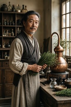 Portrait of an elderly herbalist with a copper alembic and apothecary jars