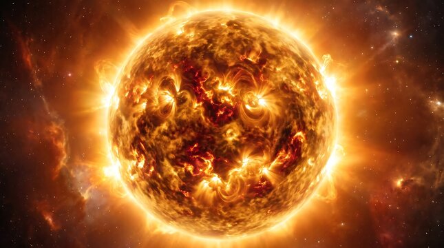 Glowing Fiery Sun Sphere in Deep Space with Solar Flares and Cosmic Nebula Background