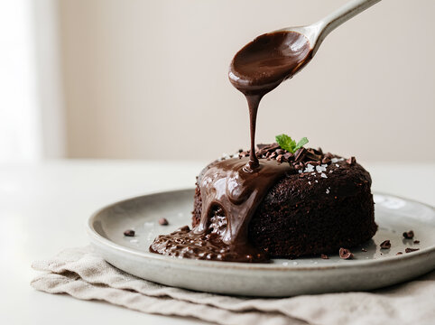 Rich chocolate lava cake with warm fudge sauce pouring from a spoon