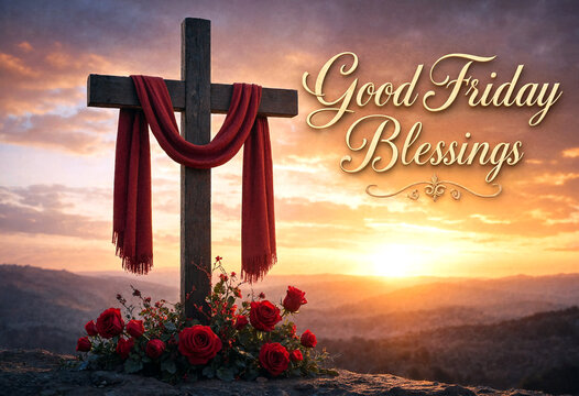 Sunrise scene with wooden cross draped in red cloth and roses for good friday religious blessing