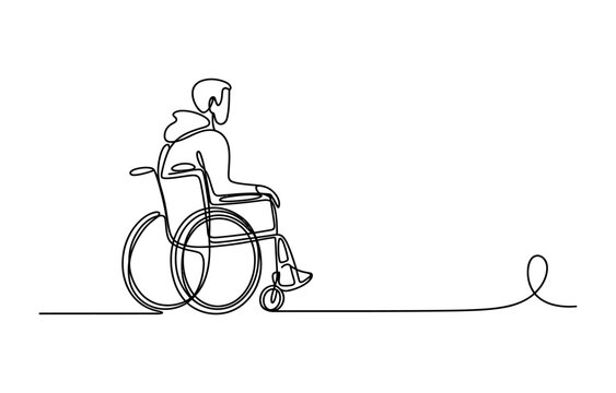 Continuous single line drawing of a person sitting in a wheelchair as a concept for accessibility and disability support for people needing medical care