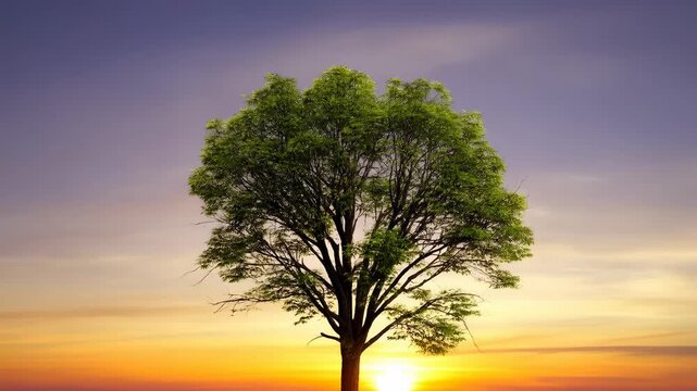 Solitary tree grows from bare branches to a green canopy as daylight rises over an open landscape. Nature documentaries, environmental education, and climate awareness campaigns.