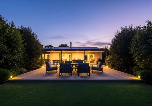Modern house with outdoor furniture on wooden deck at dusk  warm evening lighting