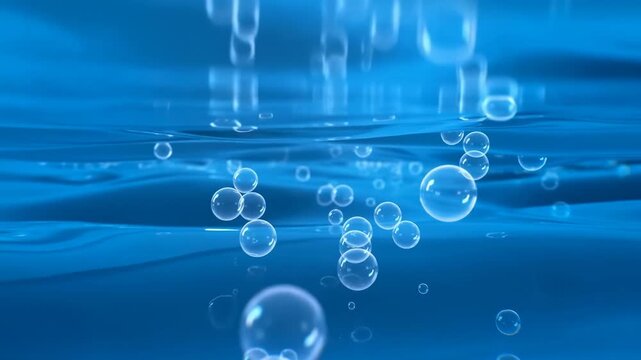 Underwater bubbles rise through a gently rippling blue water surface. Aquatic title, marine science presentation, and wellness media.