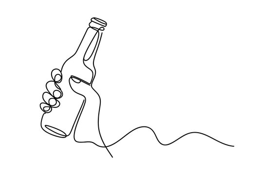 Continuous one line drawing of a hand holding a beer bottle for party celebration and drinking concept in a simple minimalist style art