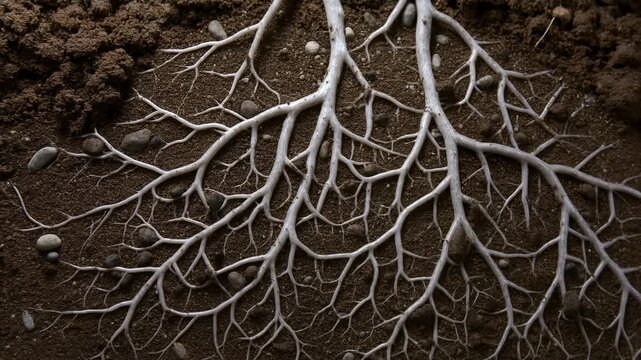 Plant root system extends through dark underground soil as fine roots branch among small stones. Botany education, agriculture presentations, and horticulture marketing.