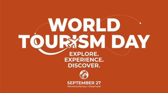 World tourism day September 27 bold typography vector banner with explore experience discover slogan isolated on orange background for global travel and tourism awareness marketing campaigns