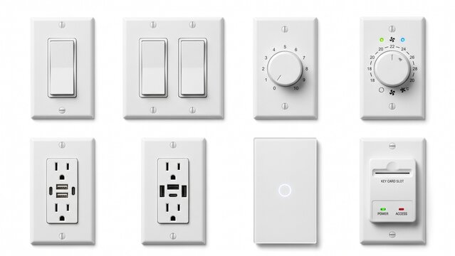 Various modern electrical wall switches sockets and digital control panels isolated together on white background
