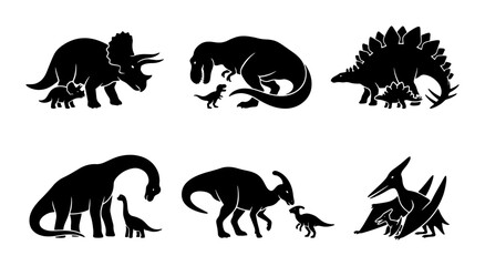 Dinosaur Silhouettes, Prehistoric Creatures, Ancient Reptiles, Jurassic Era Icons, Vector Art © Zarin