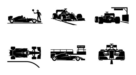 Obraz premium Formula 1 Racing Cars, Pit Stop, and Driver Icons Set: Speed, Competition, Motorsport Graphics