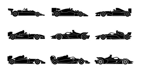 Obraz premium Formula 1 Race Cars, Speeding Vehicles, Motorsport Icons Set, Vector Graphics Collection