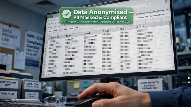 An employee reviews an anonymized PII spreadsheet on a monitor, displaying a green overlay confirming data privacy compliance.