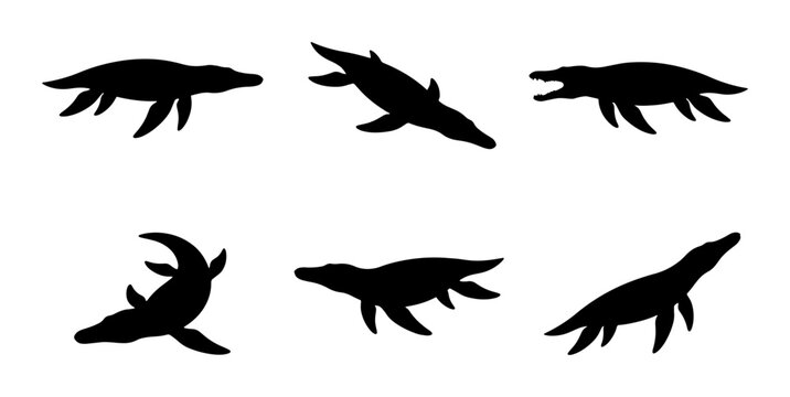 Marine Reptile Silhouettes, Prehistoric Sea Creature Icons, Ancient Aquatic Animal Vector Set