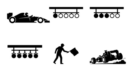 Fototapeta premium Formula 1 Racing Icons: Speeding Car, Start Lights, Race Marshal, Vector Set