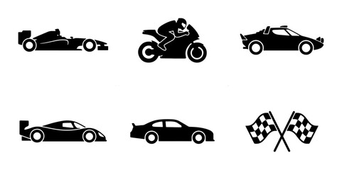 Fototapeta premium Racing Car Icons, Motorcycle Silhouette, Sports Vehicles, Checkered Flags Vector Set