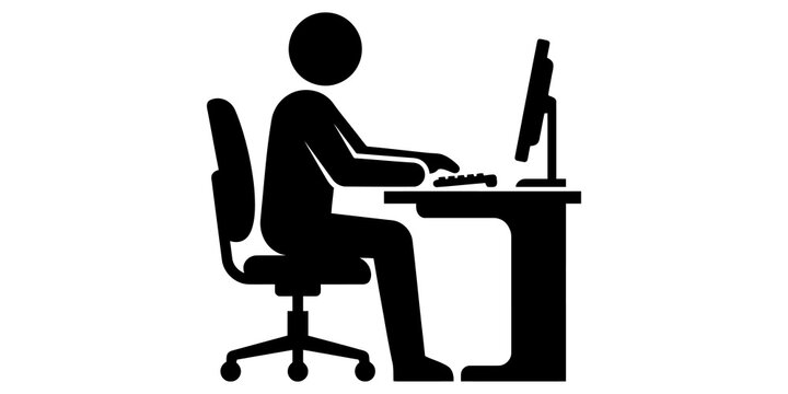 Person sitting at desk working on computer icon for office or digital work concepts.