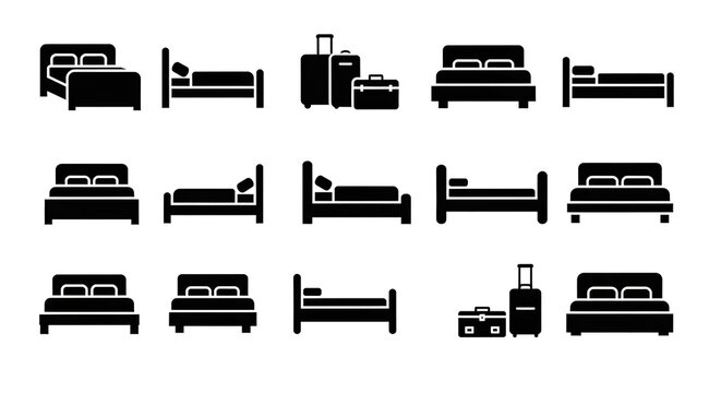 Hotel room and accommodation solid icon set containing icons for double bed single bed and luggage suitcase for travel booking applications and hospitality platform interfaces