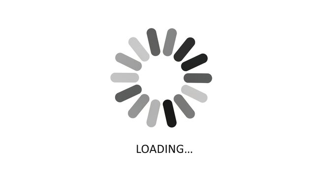 Loading progress spinner vector icon with circular array of grey dashes and text. UI indicator element for software apps web pages and digital interface design projects. Isolated on white