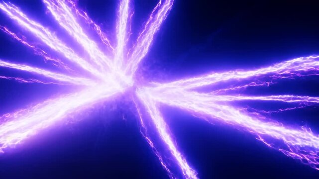 Purple electric energy radiates through a bright radial burst in an abstract digital field. Science presentation, technology title sequences, and fantasy game effects.