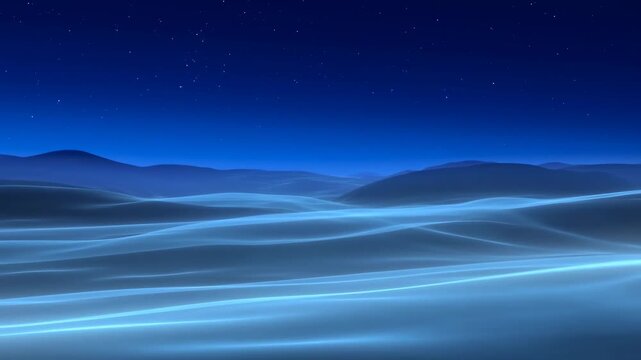 Blue luminous waves flow across a dark abstract horizon beneath a starry night sky. Technology presentations, meditation media, and website hero sections.