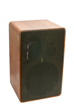 A vintage wooden speaker with a grill isolated on white background. Classic wooden loudspeaker, classic design and potential for high quality sound.