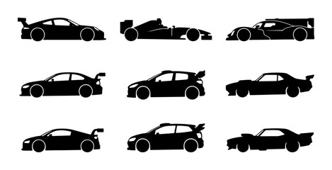 Obraz premium Diverse Sports Car Silhouettes, Racing Vehicle Icons, Automotive Vector Collection