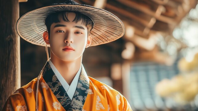 Korean Man in Traditional Hanbok and Gat Hat Posing at Hanok Village - Cultural Heritage, Joseon Dynasty, Korean Tradition
