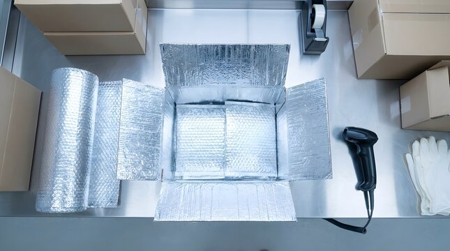 Professional medical packing station for smart cold chain pharmaceutical logistics featuring an insulated thermal box with foil lining, barcode scanner, and equipment for temperature-sensitive
