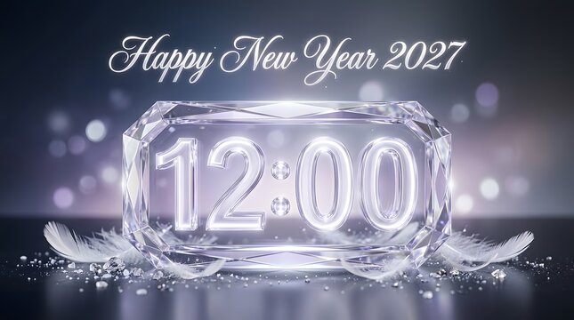 Happy new year 2027 above a crystal block displaying 12:00 midnight