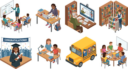 Fototapeta premium Modern Education and Learning Process Illustrated with Classroom, Online Study, and Graduation Scenes